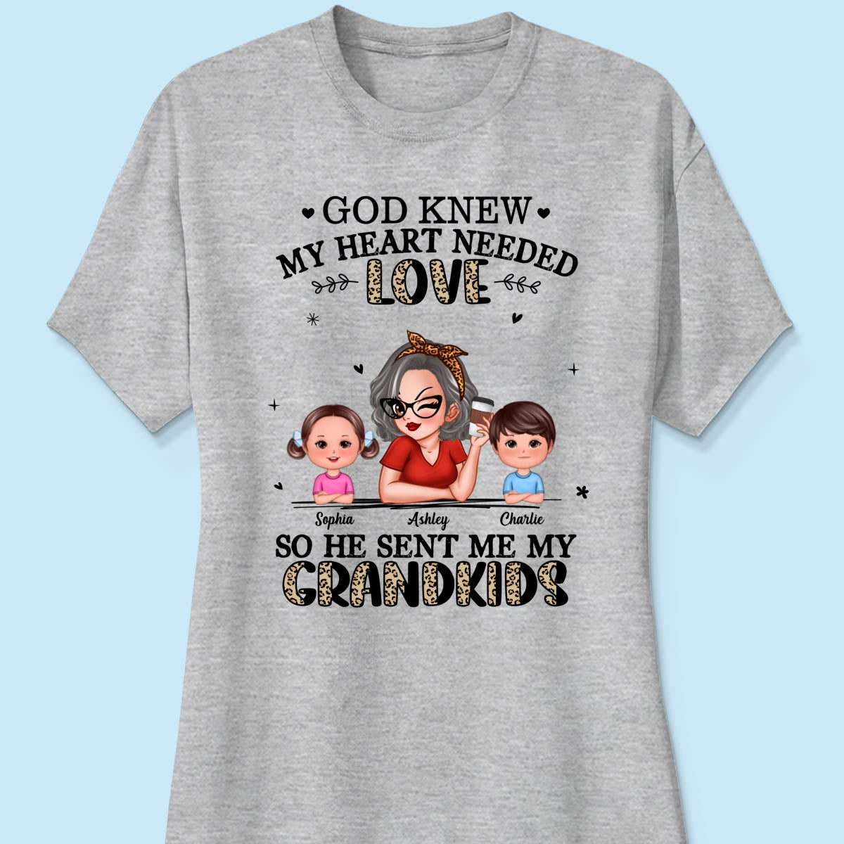 God Sent Me My Grandkids Half Leopard Gift For Grandma Personalized Shirt