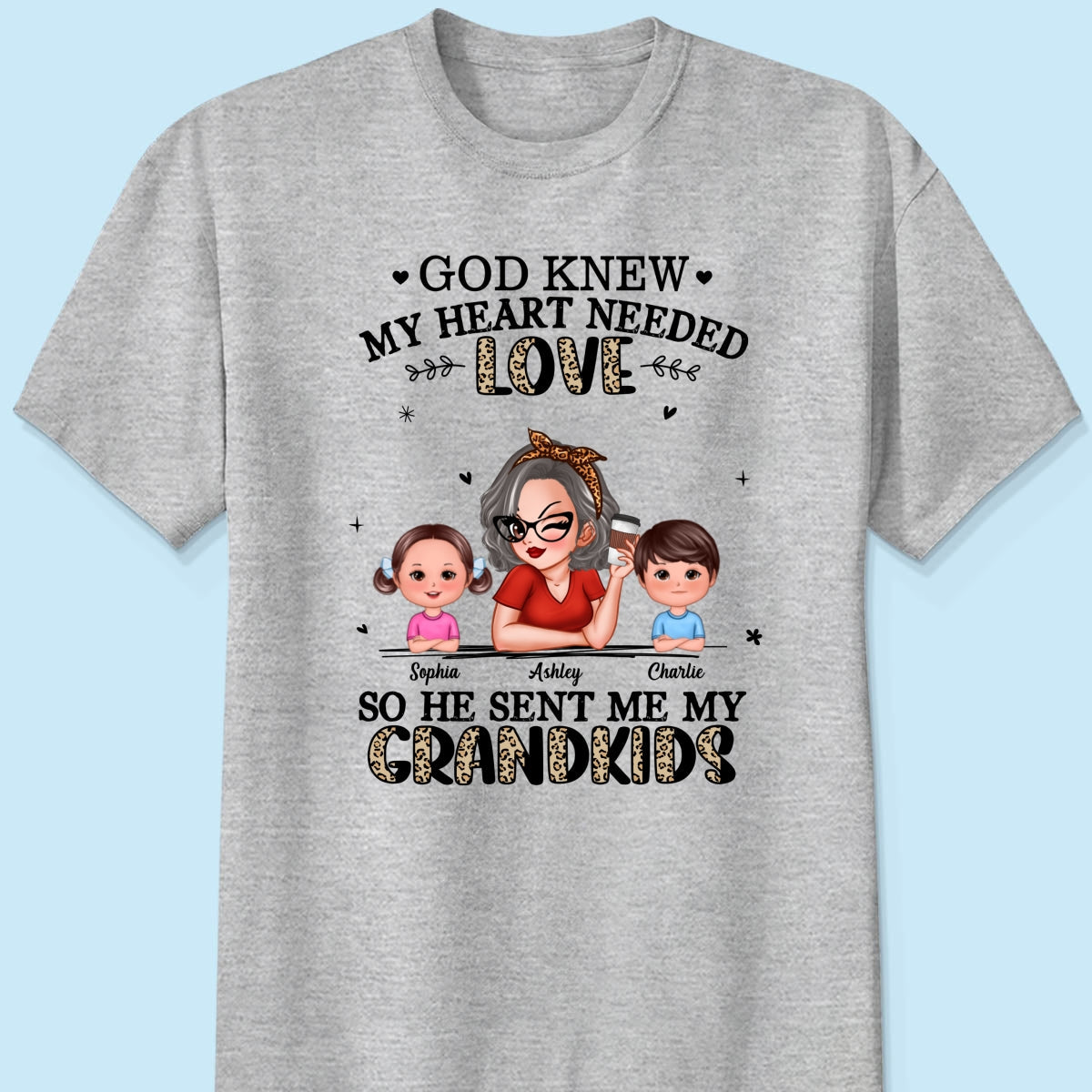God Sent Me My Grandkids Half Leopard Gift For Grandma Personalized Shirt